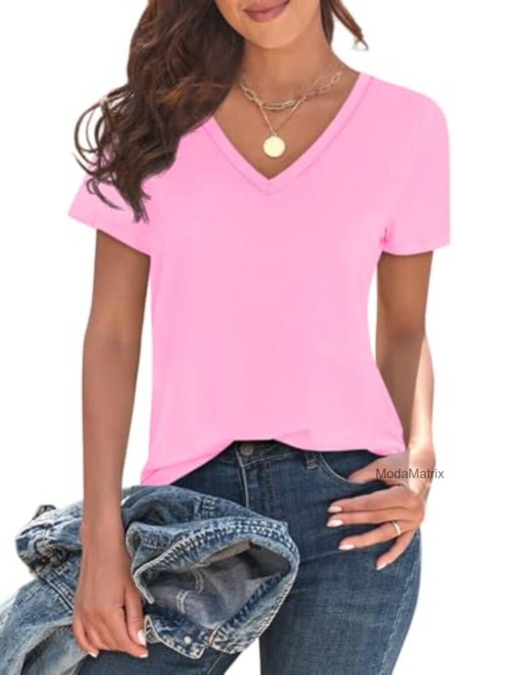 V Neck Short Sleeve Loose Fit Tunic Tee Lightweight Non-Sheer Basic Top